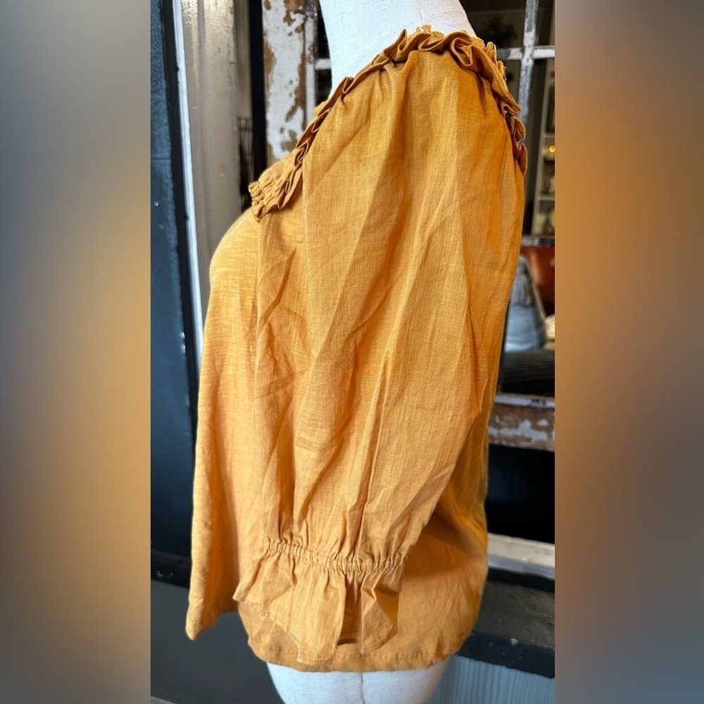 Anthropologie Smocked Puff Sleeve Peasant Knit Ruffle Top XS Goldenrod - Picture 6 of 9